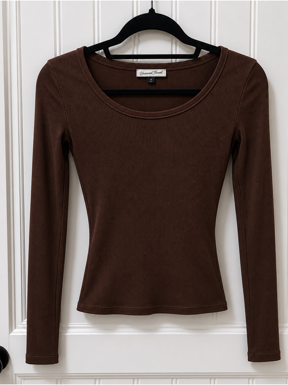 Universal Thread Brown Ribbed Scoop Neck Long Sleeve Top